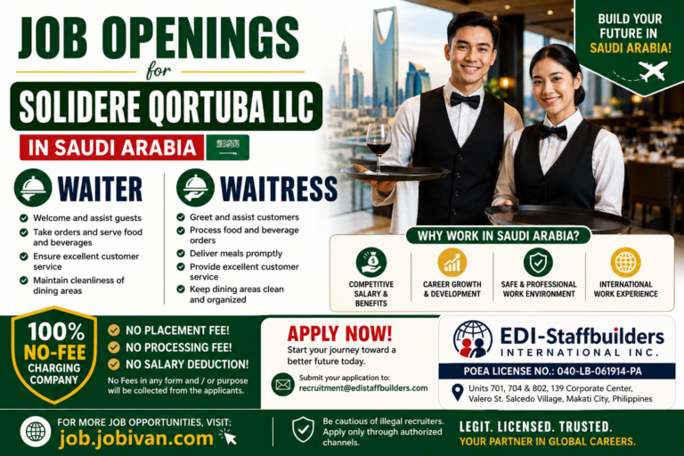 JOB OPENINGS FOR WAITERS & WAITRESSES FOR SOLIDERE QORTUBA LLC IN SAUDI ARABIA 🇸🇦