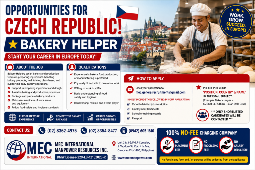 Bakery Helper Jobs in Czech Republic 2026