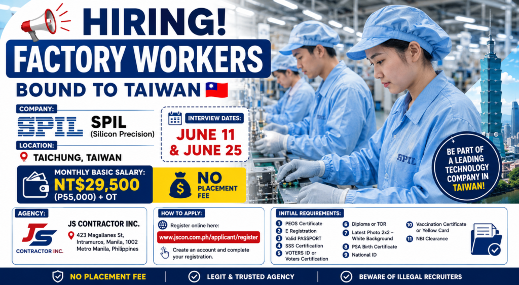 📣 Hiring Factory Workers Bound to Taiwan 🇹🇼