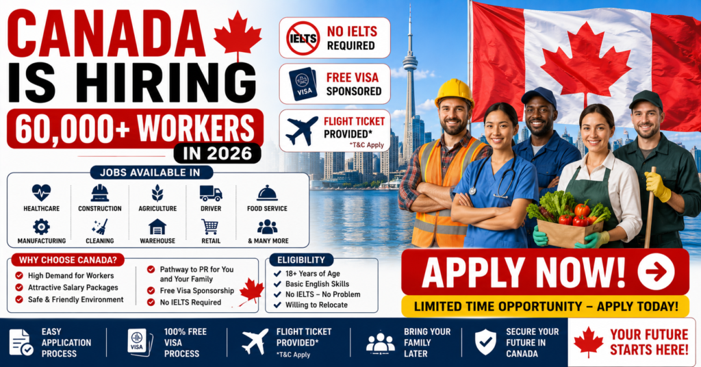 Canada is Hiring 60,000 Workers in 2026 | No IELTS, Free Visa Apply